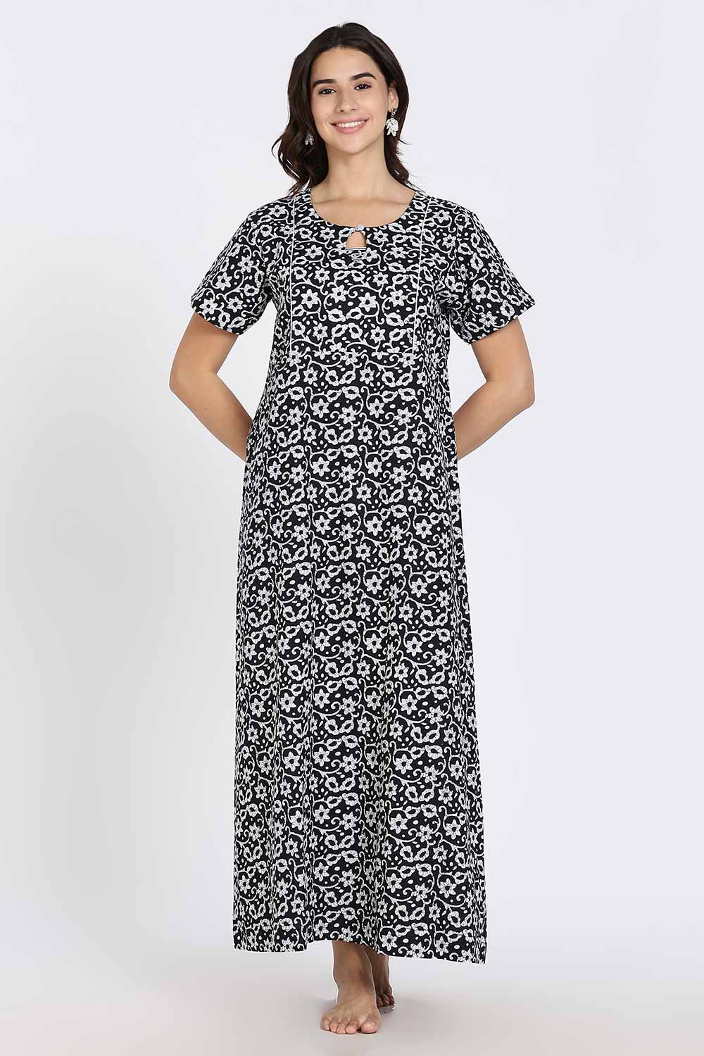 Naidu Hall Naidu Hall Women’s Cotton A-Line Nighty with Pocket – Floral Vine Print
 - Black - NA40