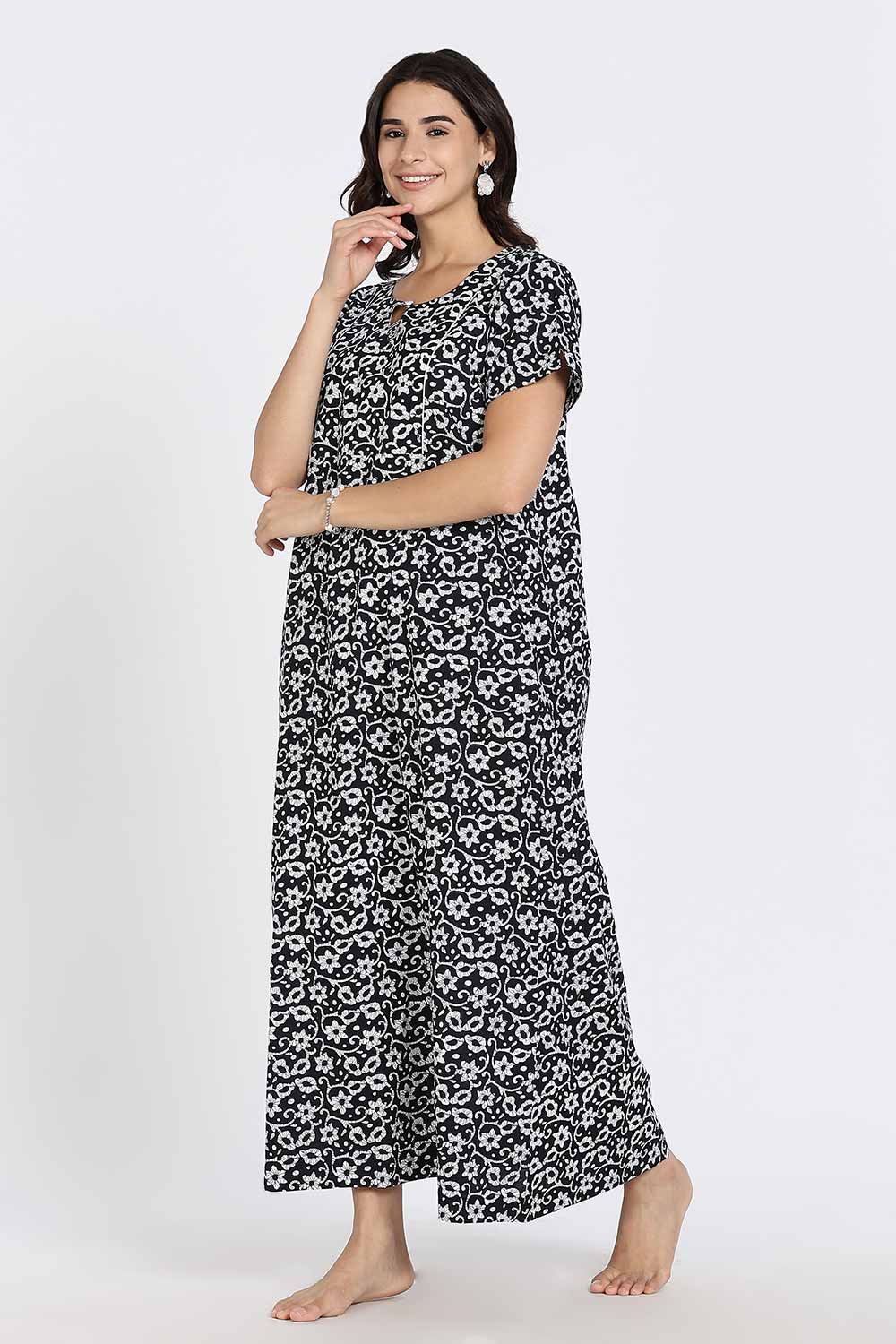 Naidu Hall Naidu Hall Women’s Cotton A-Line Nighty with Pocket – Floral Vine Print
 - Black - NA40