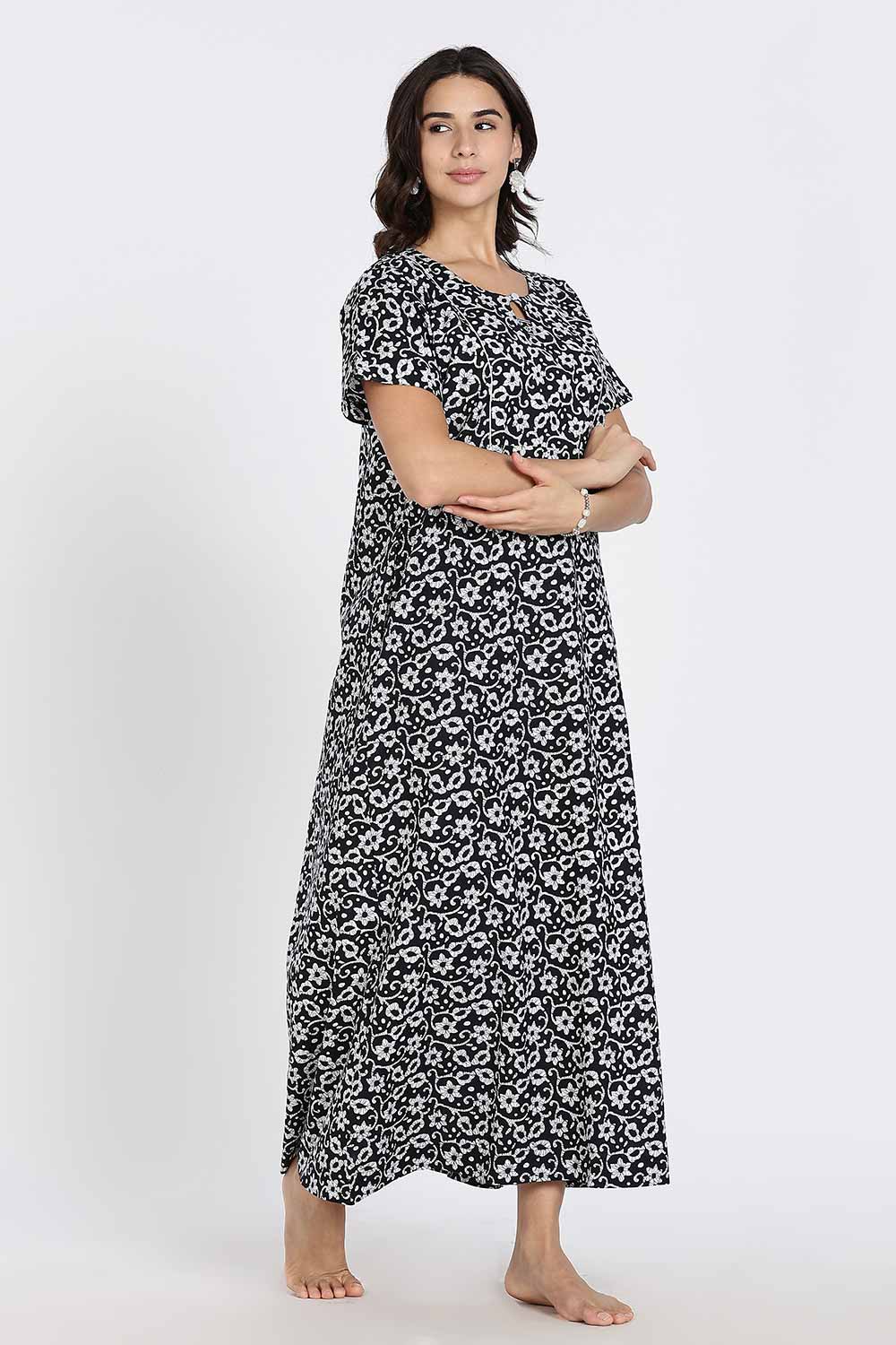 Naidu Hall Naidu Hall Women's Cotton A-Line Nighty with Pocket – Floral Vine Print
 - Black - NA40