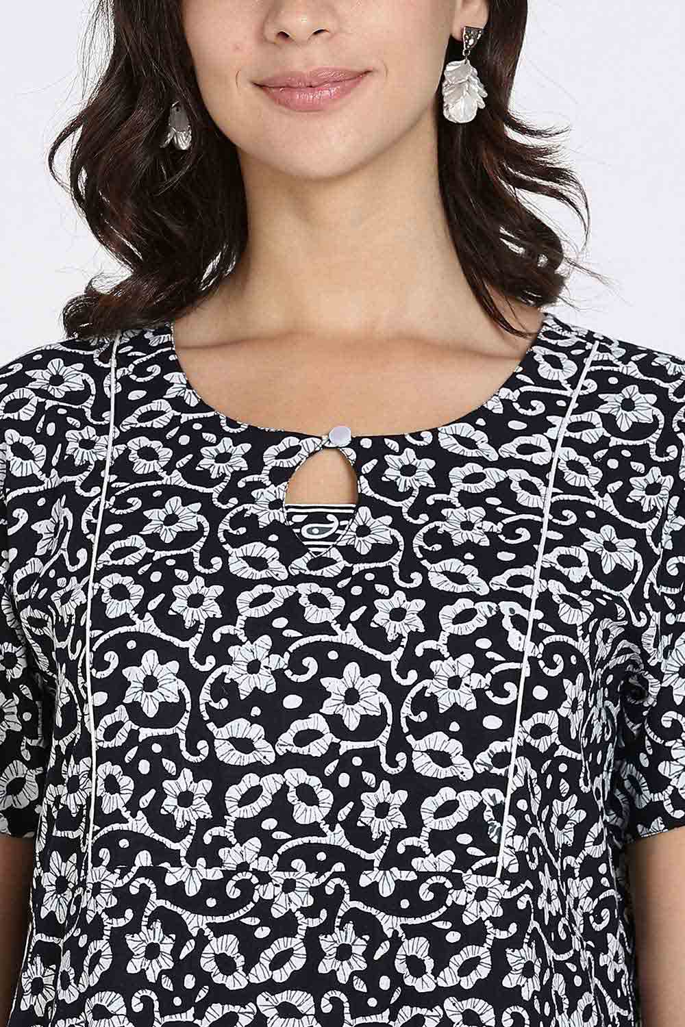 Naidu Hall Naidu Hall Women's Cotton A-Line Nighty with Pocket – Floral Vine Print
 - Black - NA40