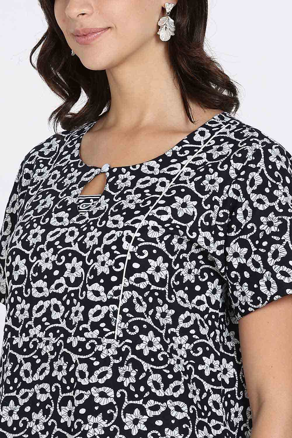 Naidu Hall Naidu Hall Women's Cotton A-Line Nighty with Pocket – Floral Vine Print
 - Black - NA40