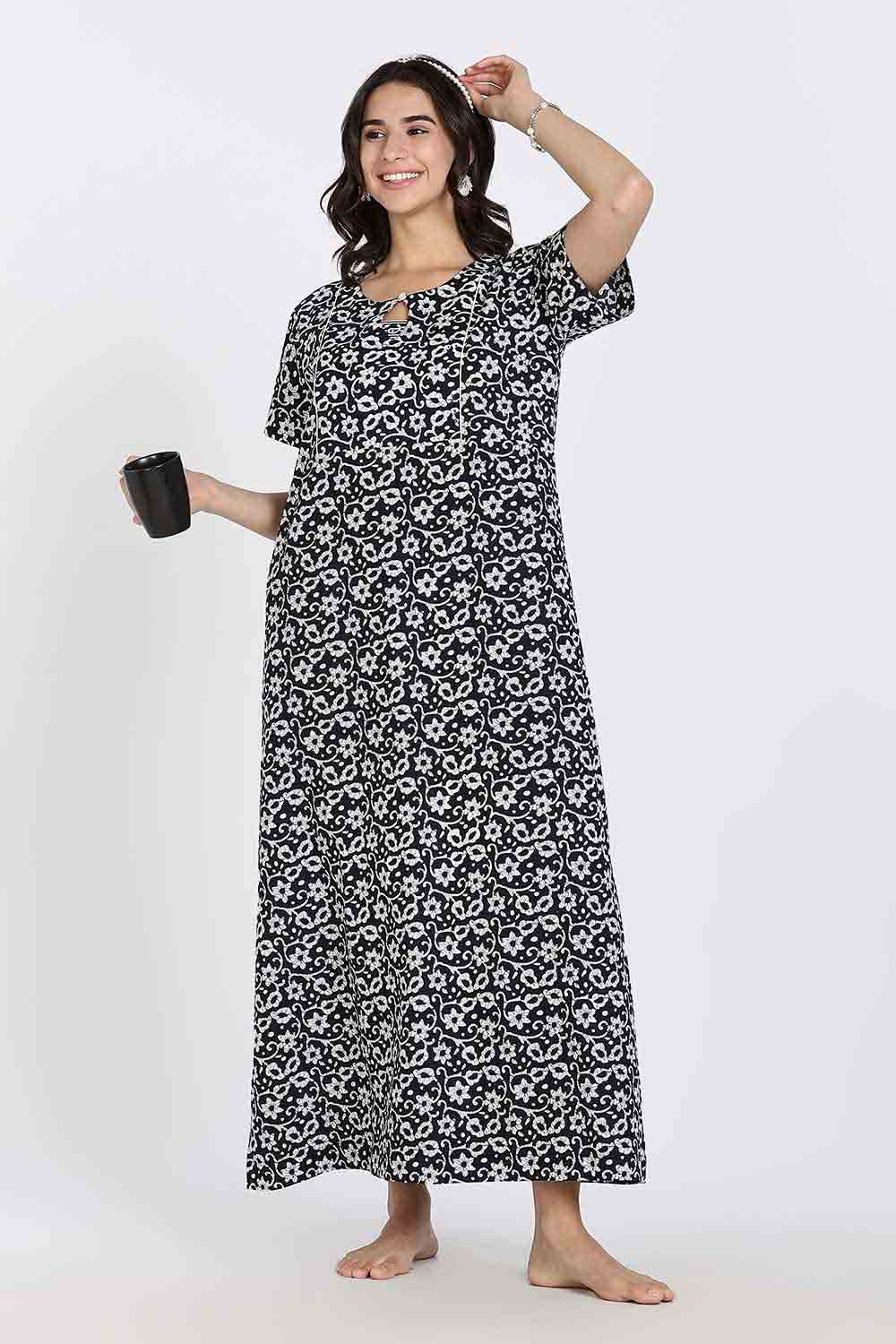 Naidu Hall Naidu Hall Women's Cotton A-Line Nighty with Pocket – Floral Vine Print
 - Black - NA40