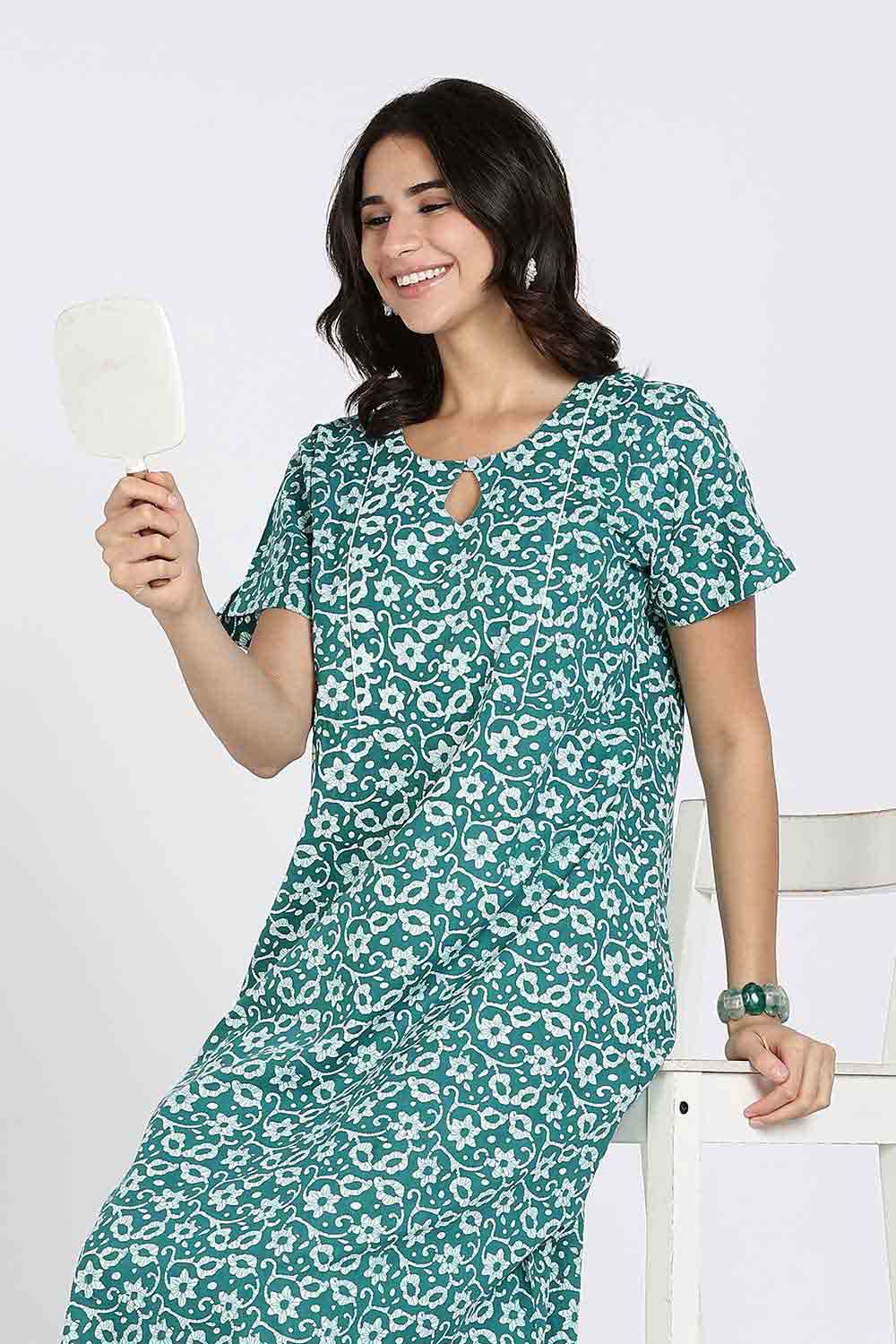 Naidu Hall Naidu Hall Women's Cotton A-Line Nighty with Pocket – Floral Vine Print
 - Green - NA40