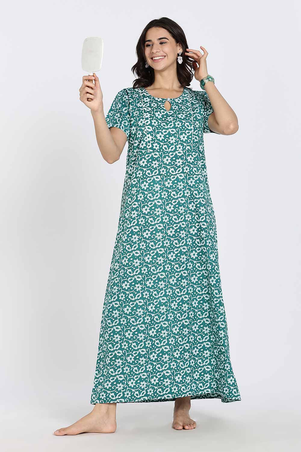 Naidu Hall Naidu Hall Women's Cotton A-Line Nighty with Pocket – Floral Vine Print
 - Green - NA40