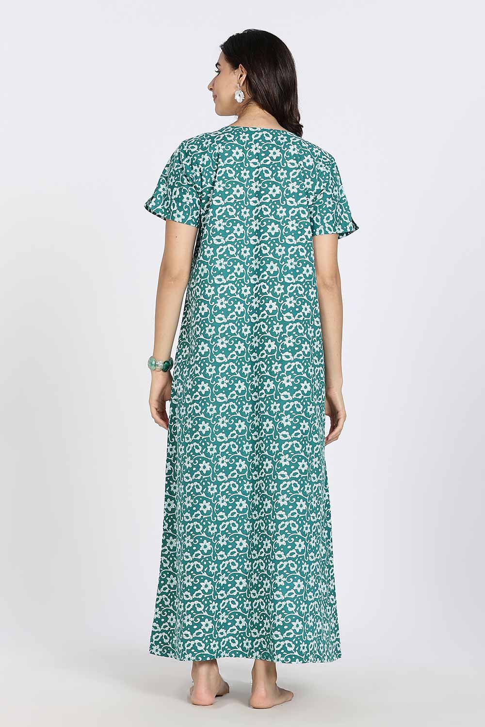 Naidu Hall Naidu Hall Women's Cotton A-Line Nighty with Pocket – Floral Vine Print
 - Green - NA40