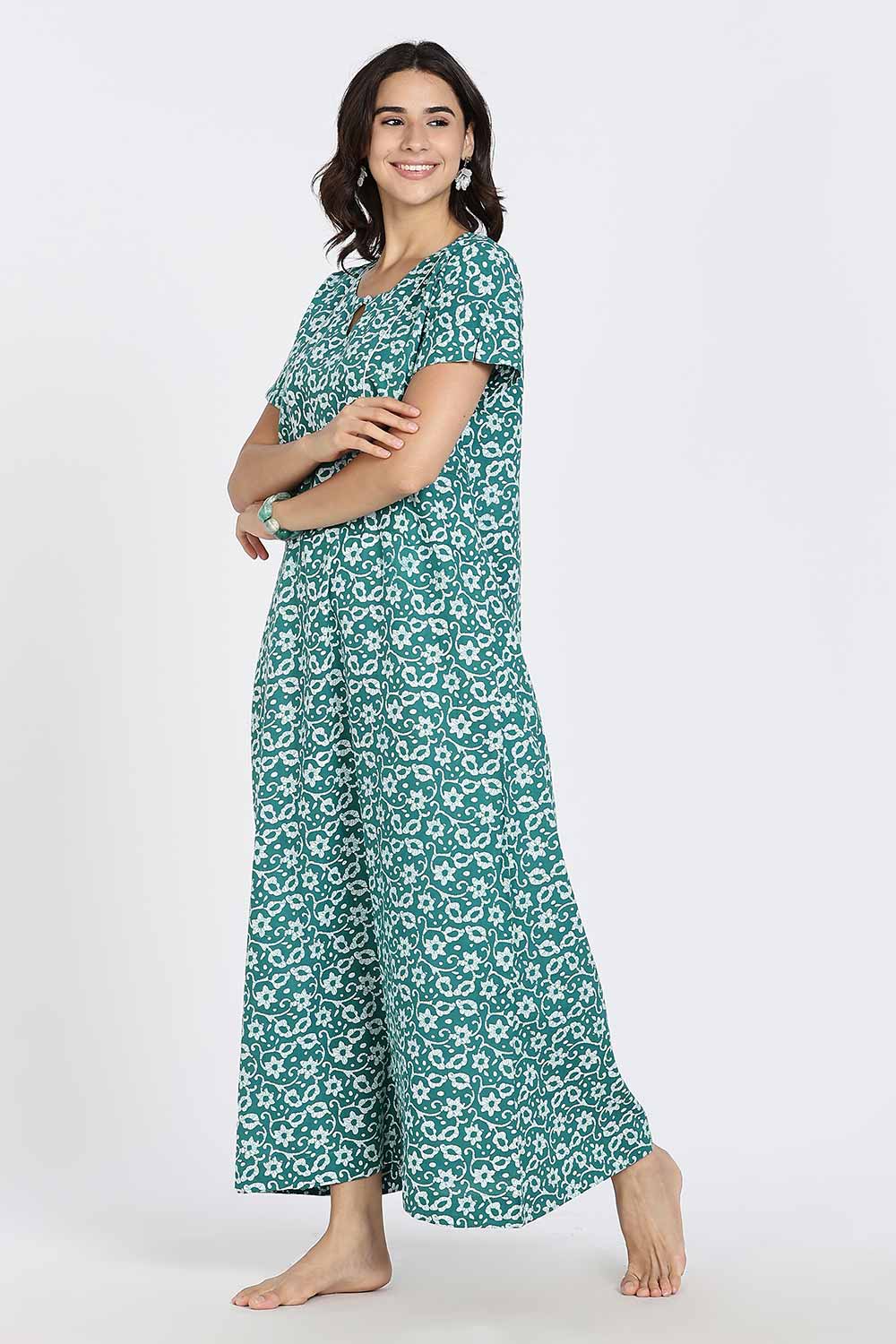 Naidu Hall Naidu Hall Women's Cotton A-Line Nighty with Pocket – Floral Vine Print
 - Green - NA40
