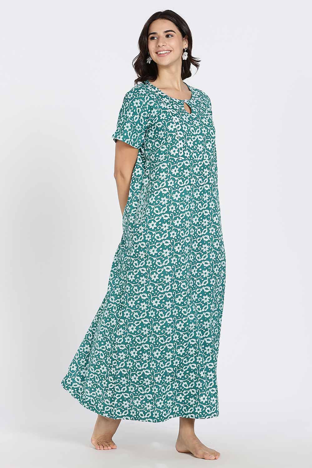 Naidu Hall Naidu Hall Women’s Cotton A-Line Nighty with Pocket – Floral Vine Print
 - Green - NA40
