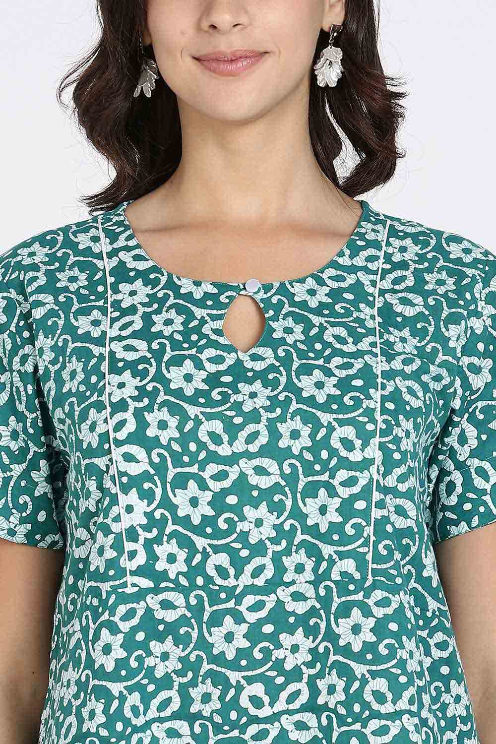 Naidu Hall Naidu Hall Women's Cotton A-Line Nighty with Pocket – Floral Vine Print
 - Green - NA40