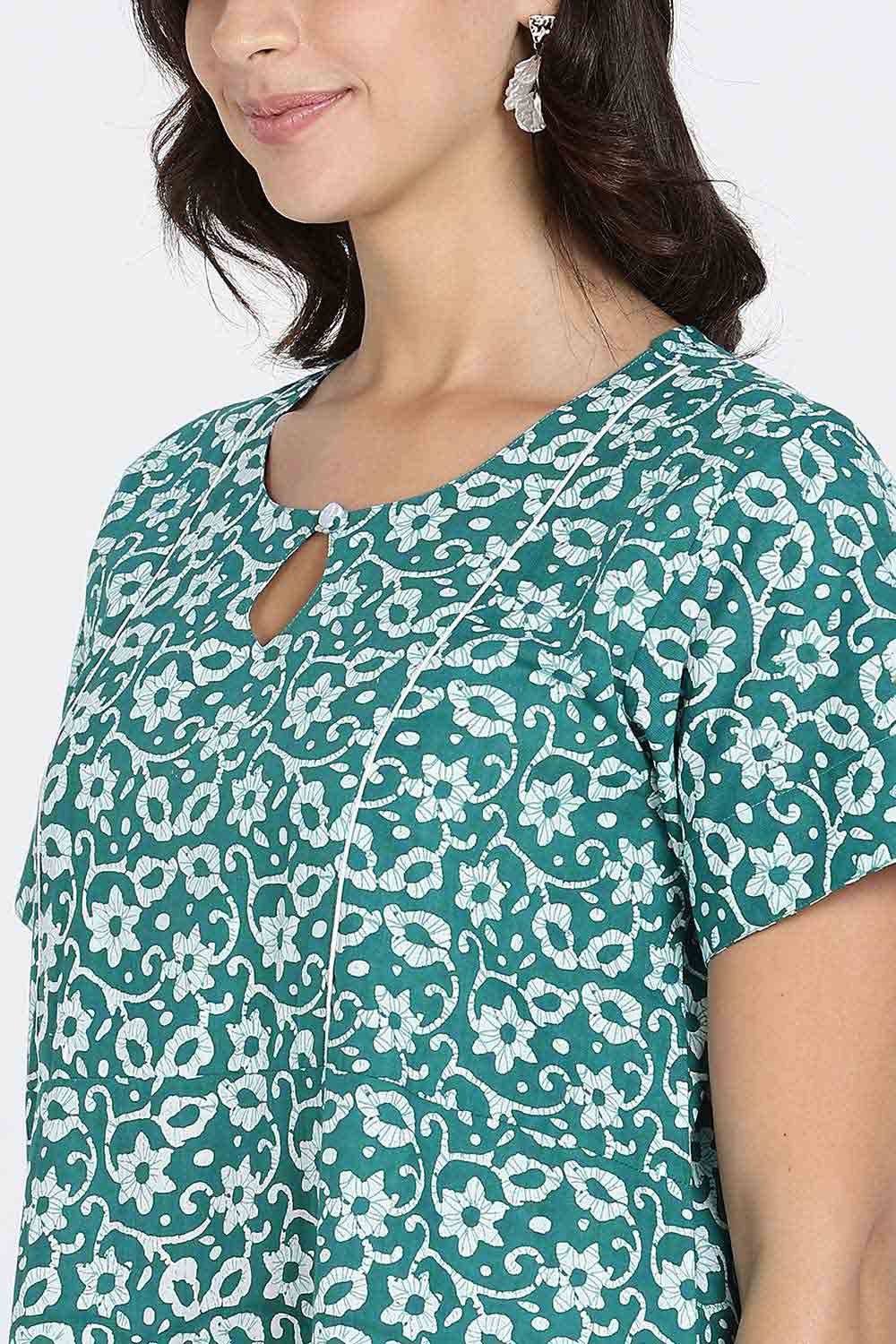 Naidu Hall Naidu Hall Women's Cotton A-Line Nighty with Pocket – Floral Vine Print
 - Green - NA40