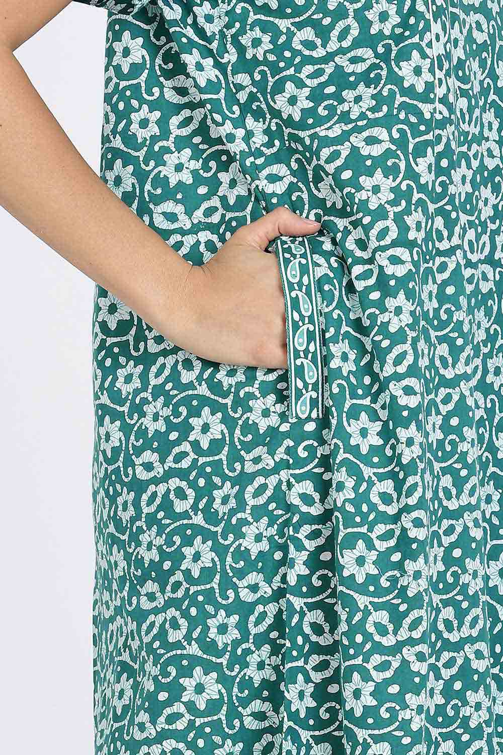 Naidu Hall Naidu Hall Women's Cotton A-Line Nighty with Pocket – Floral Vine Print
 - Green - NA40