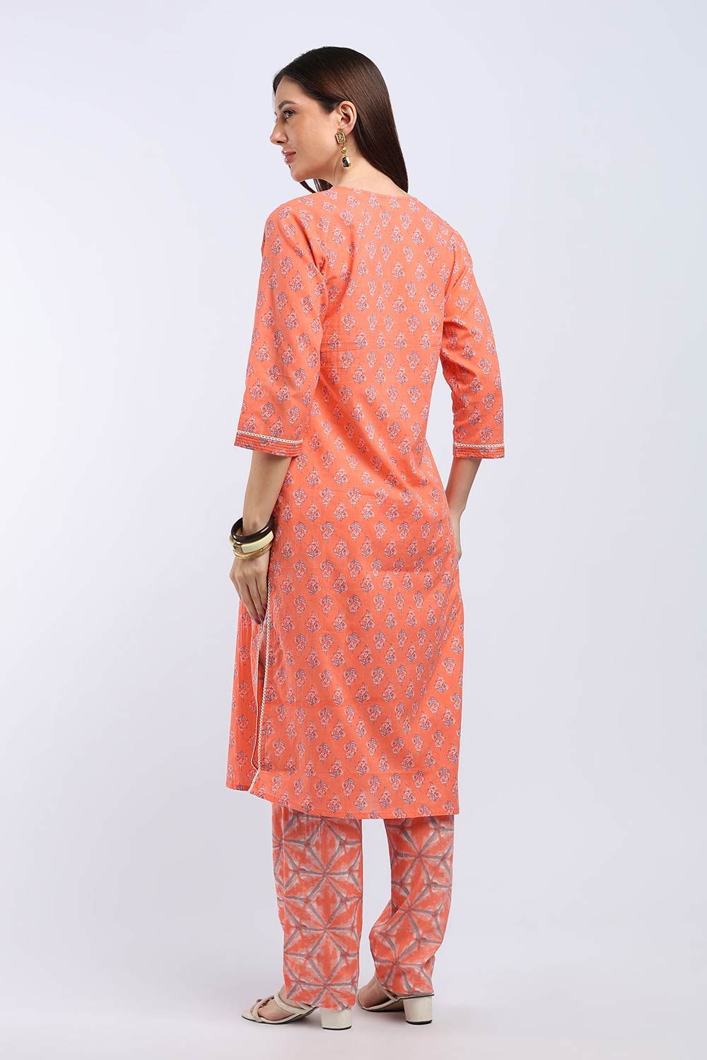 Mythri Women's Cotton Printed Kurti Set | V-Neck Kurta Pant Set with 3/4 Sleeves | Regular Fit Ethnic Wear | Festive, Office & Occasion Wear - KP802