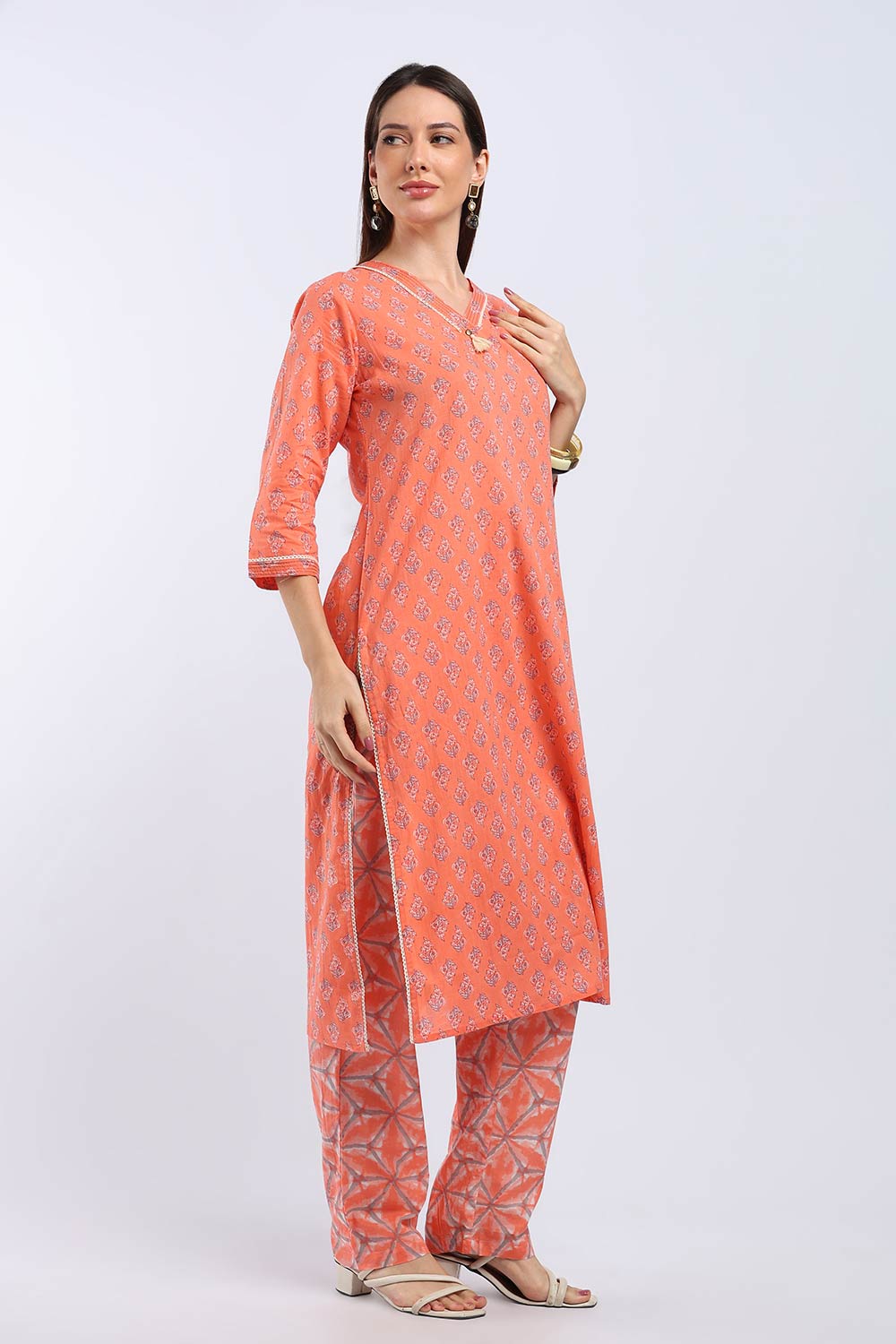 Mythri Women's Cotton Printed Kurti Set | V-Neck Kurta Pant Set with 3/4 Sleeves | Regular Fit Ethnic Wear | Festive, Office & Occasion Wear - KP802