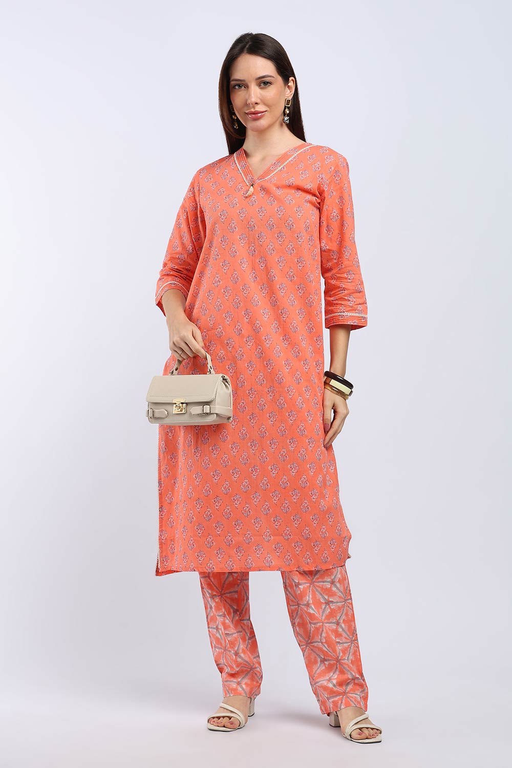 Mythri Women's Cotton Printed Kurti Set | V-Neck Kurta Pant Set with 3/4 Sleeves | Regular Fit Ethnic Wear | Festive, Office & Occasion Wear - KP802