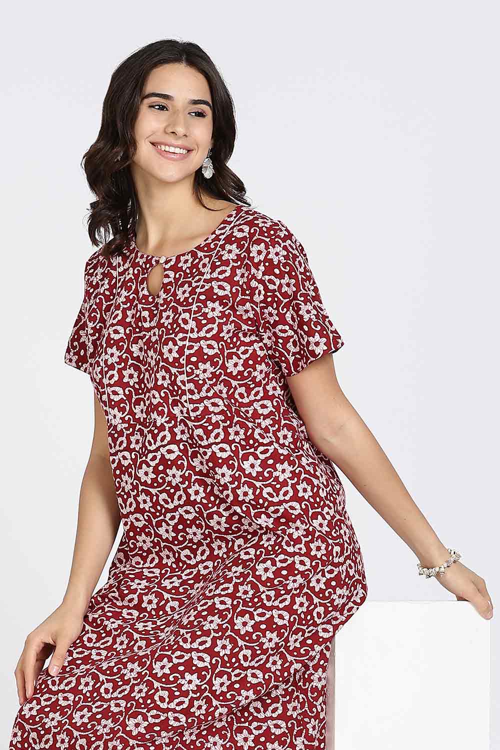 Naidu Hall Naidu Hall Women's Cotton A-Line Nighty with Pocket – Floral Vine Print
 - Red - NA40