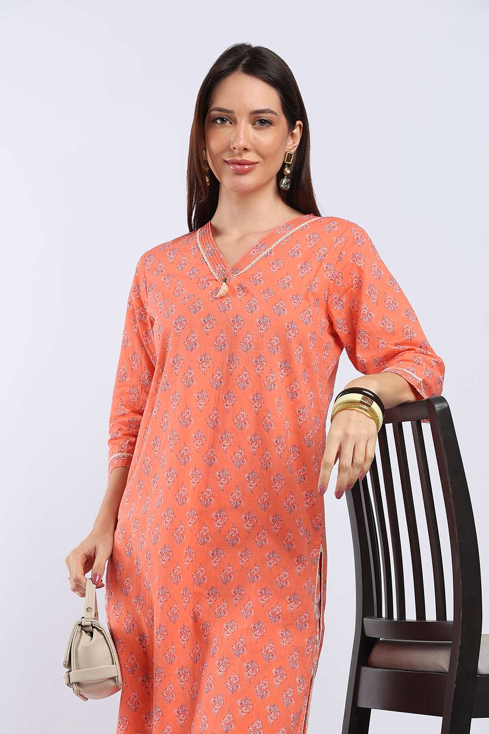 Mythri Women's Cotton Printed Kurti Set | V-Neck Kurta Pant Set with 3/4 Sleeves | Regular Fit Ethnic Wear | Festive, Office & Occasion Wear - KP802