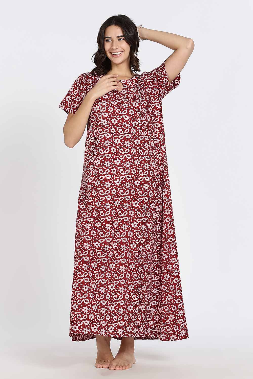 Naidu Hall Naidu Hall Women's Cotton A-Line Nighty with Pocket – Floral Vine Print
 - Red - NA40