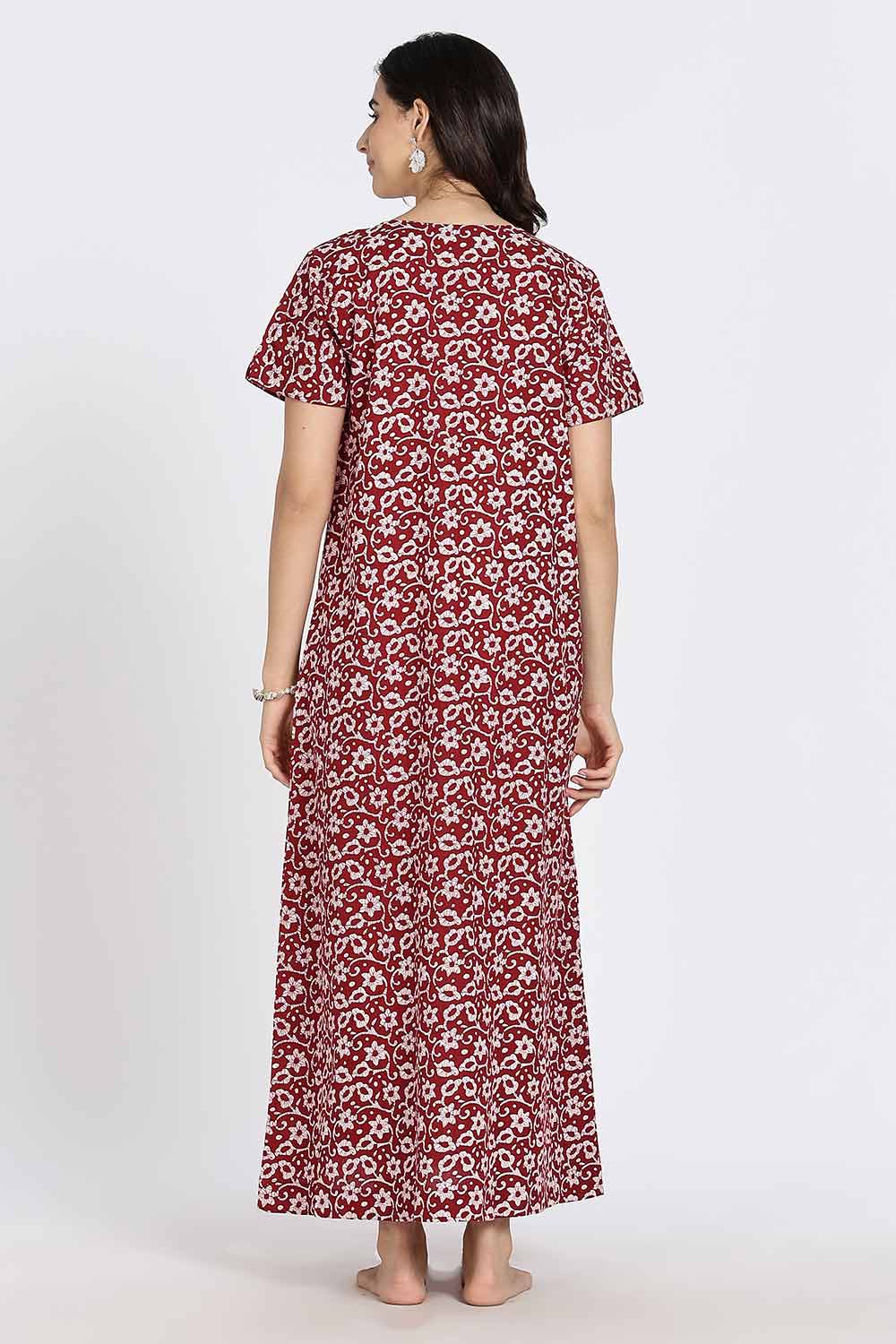 Naidu Hall Naidu Hall Women's Cotton A-Line Nighty with Pocket – Floral Vine Print
 - Red - NA40