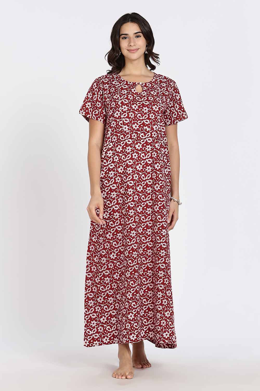 Naidu Hall Naidu Hall Women’s Cotton A-Line Nighty with Pocket – Floral Vine Print
 - Red - NA40