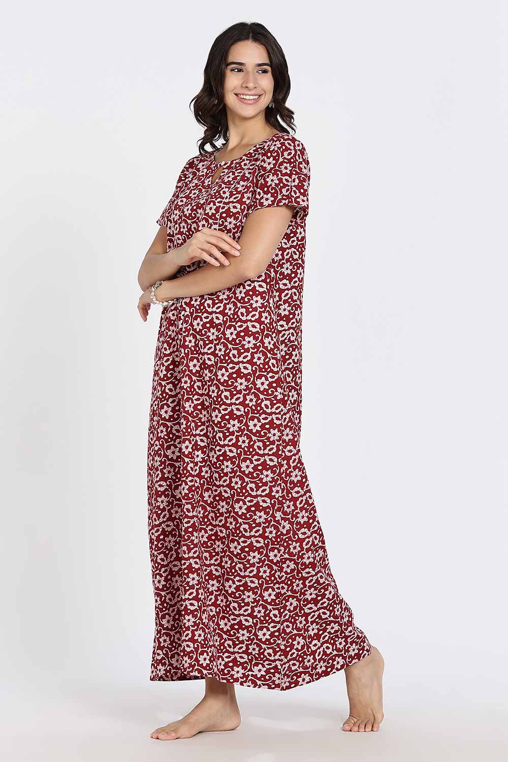 Naidu Hall Naidu Hall Women’s Cotton A-Line Nighty with Pocket – Floral Vine Print
 - Red - NA40