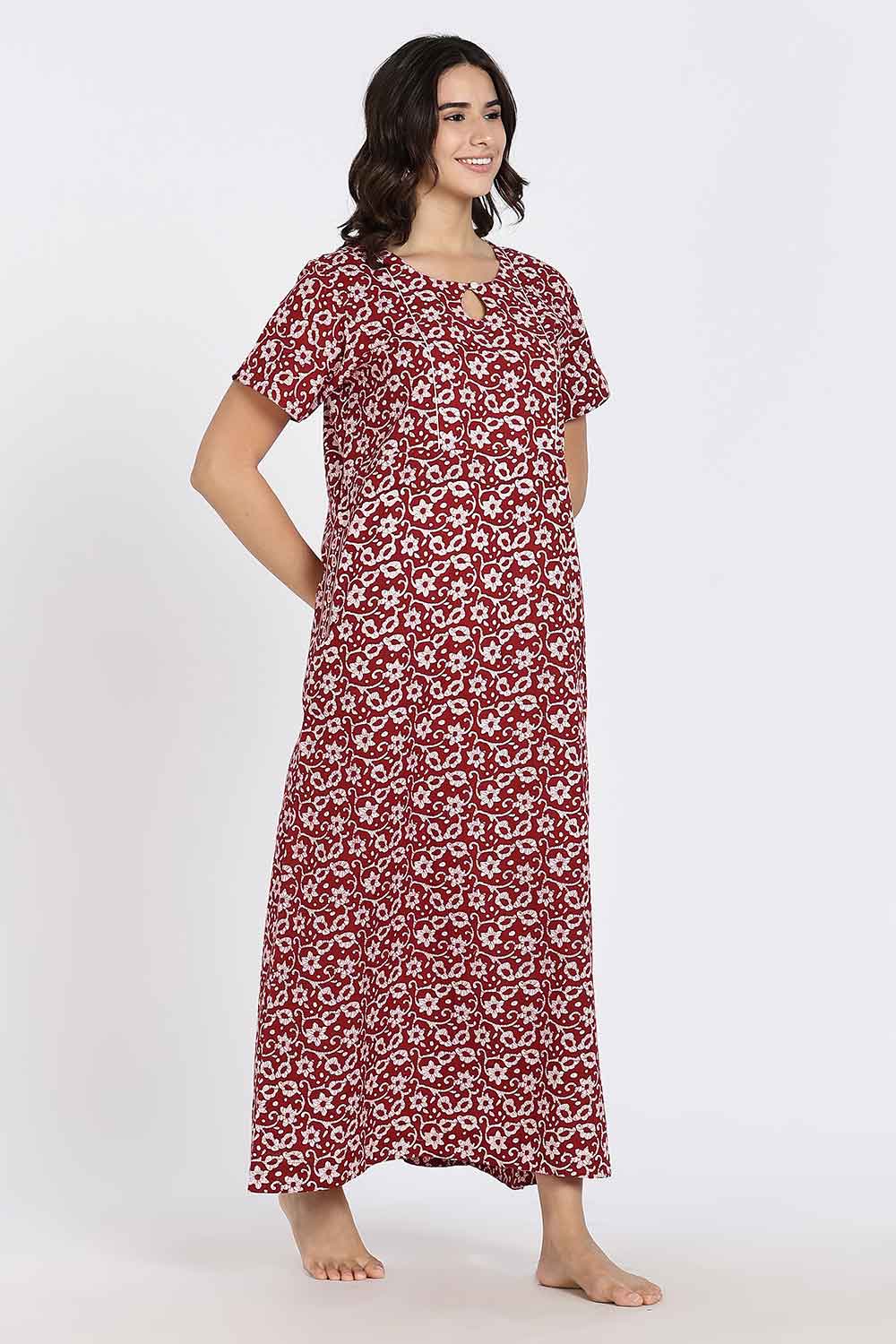 Naidu Hall Naidu Hall Women's Cotton A-Line Nighty with Pocket – Floral Vine Print
 - Red - NA40