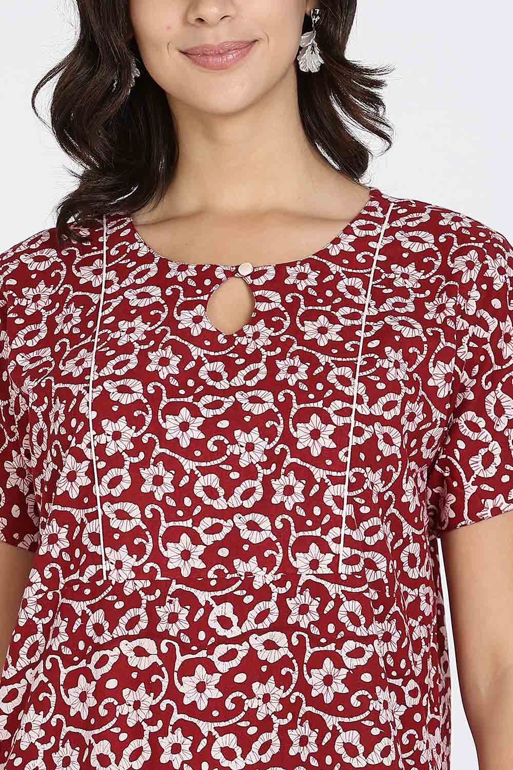 Naidu Hall Naidu Hall Women's Cotton A-Line Nighty with Pocket – Floral Vine Print
 - Red - NA40