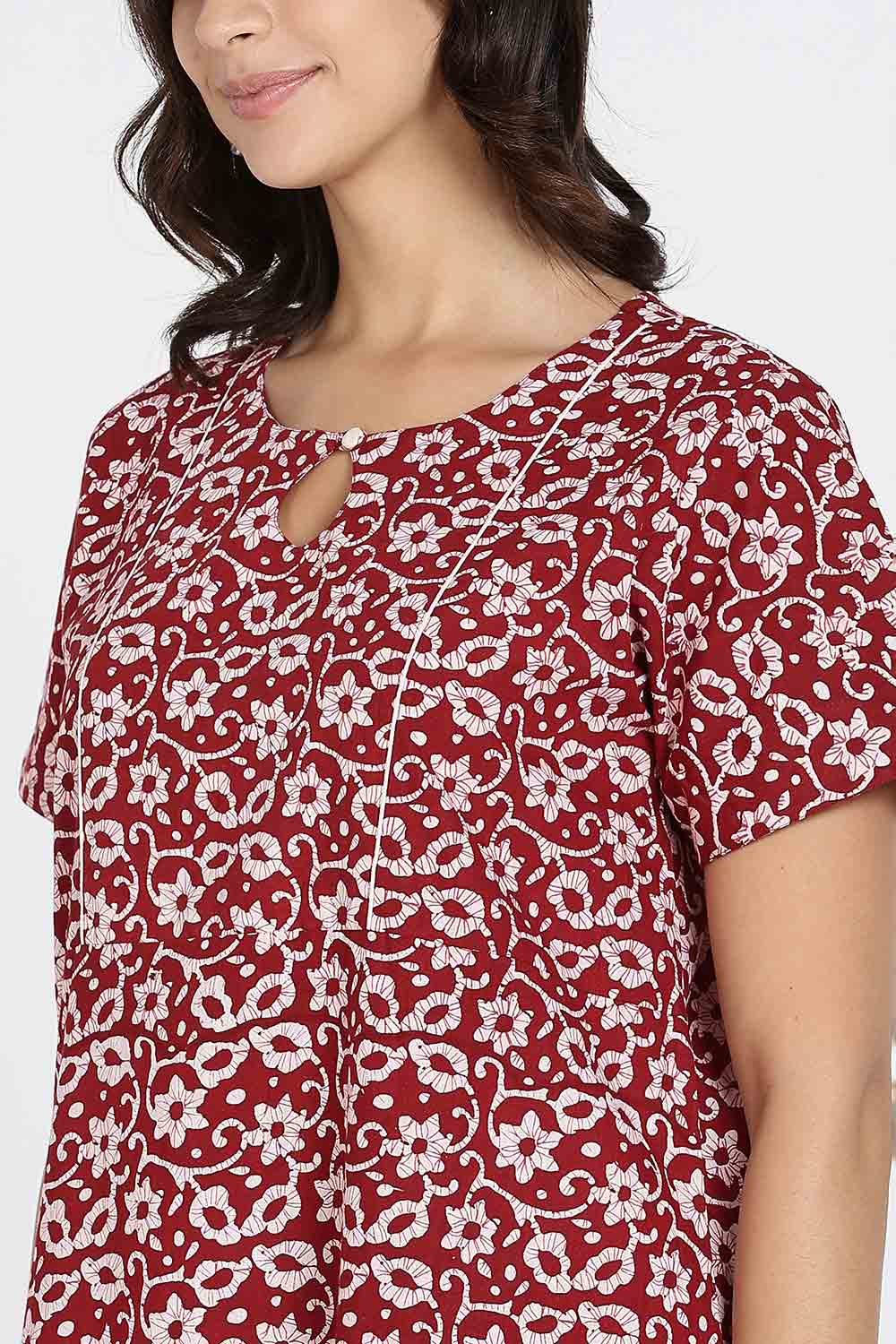 Naidu Hall Naidu Hall Women's Cotton A-Line Nighty with Pocket – Floral Vine Print
 - Red - NA40