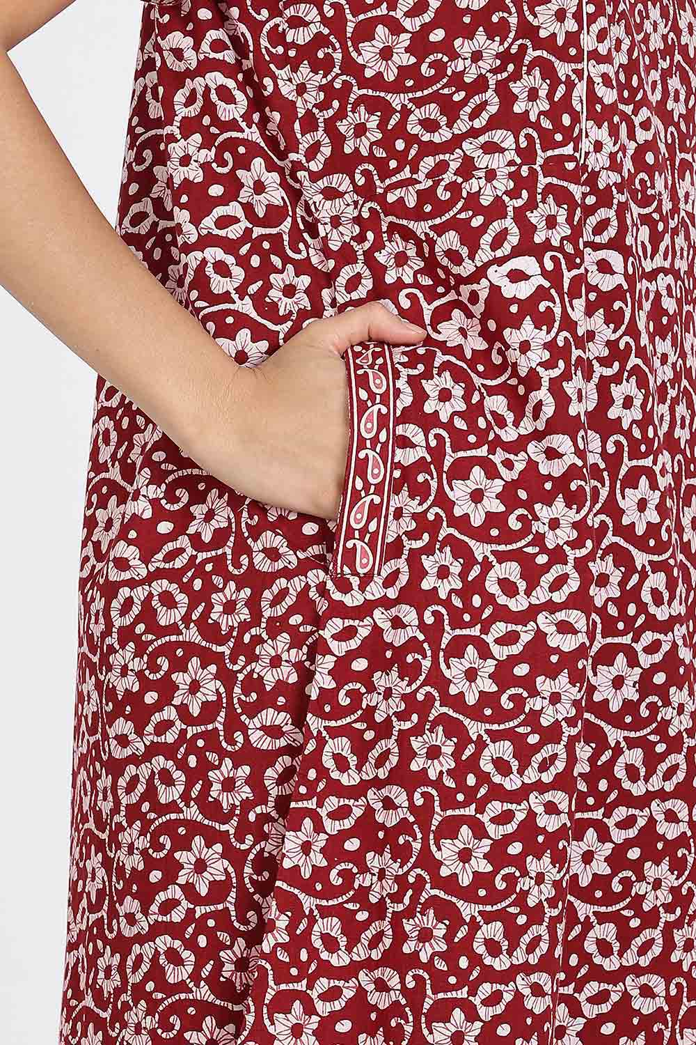 Naidu Hall Naidu Hall Women's Cotton A-Line Nighty with Pocket – Floral Vine Print
 - Red - NA40