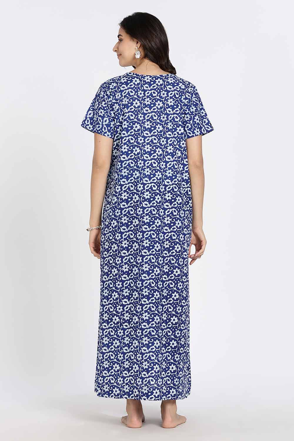 Naidu Hall Naidu Hall Women's Cotton A-Line Nighty with Pocket – Floral Vine Print
 - Blue - NA40