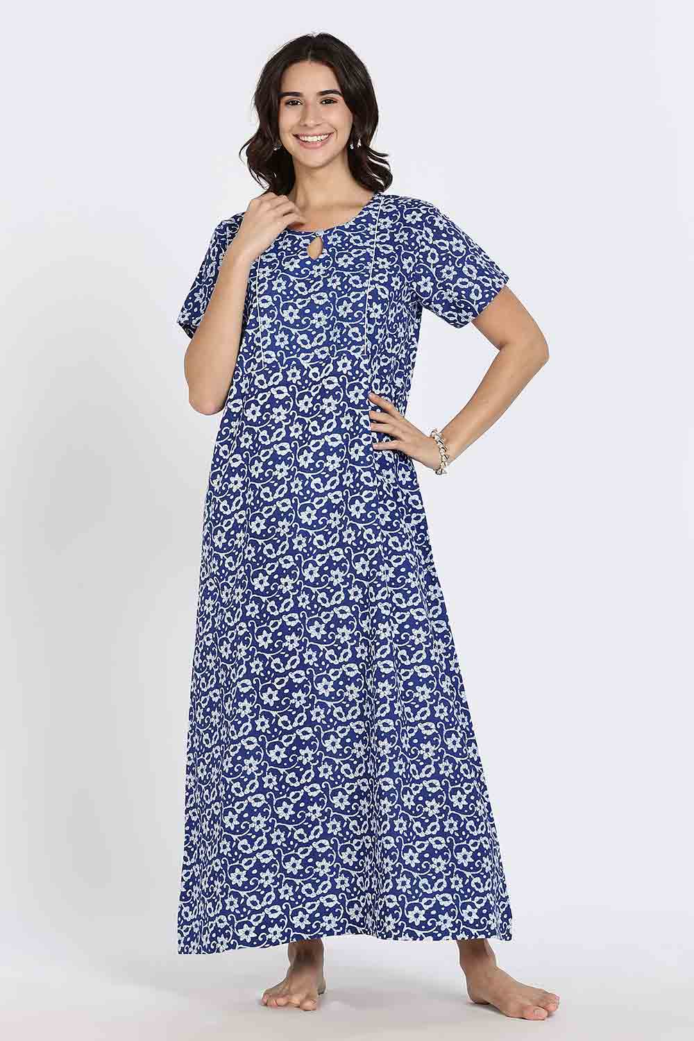 Naidu Hall Naidu Hall Women’s Cotton A-Line Nighty with Pocket – Floral Vine Print
 - Blue - NA40