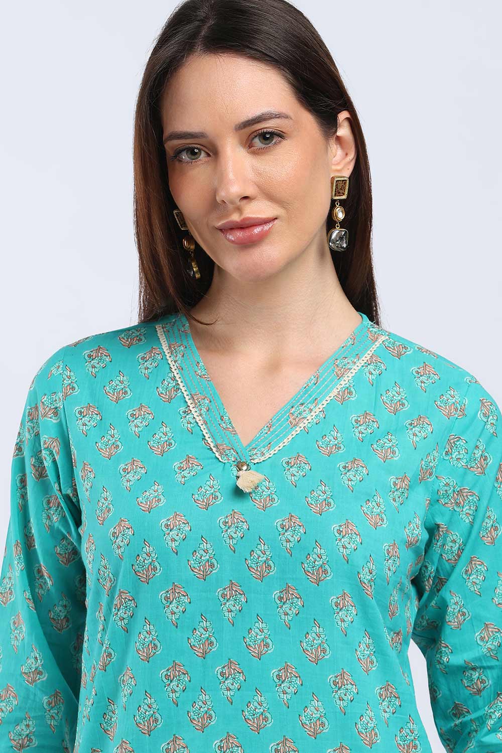 Mythri Women's Cotton Printed Kurti Set | V-Neck Kurta Pant Set with 3/4 Sleeves | Regular Fit Ethnic Wear | Festive, Office & Occasion Wear - KP802