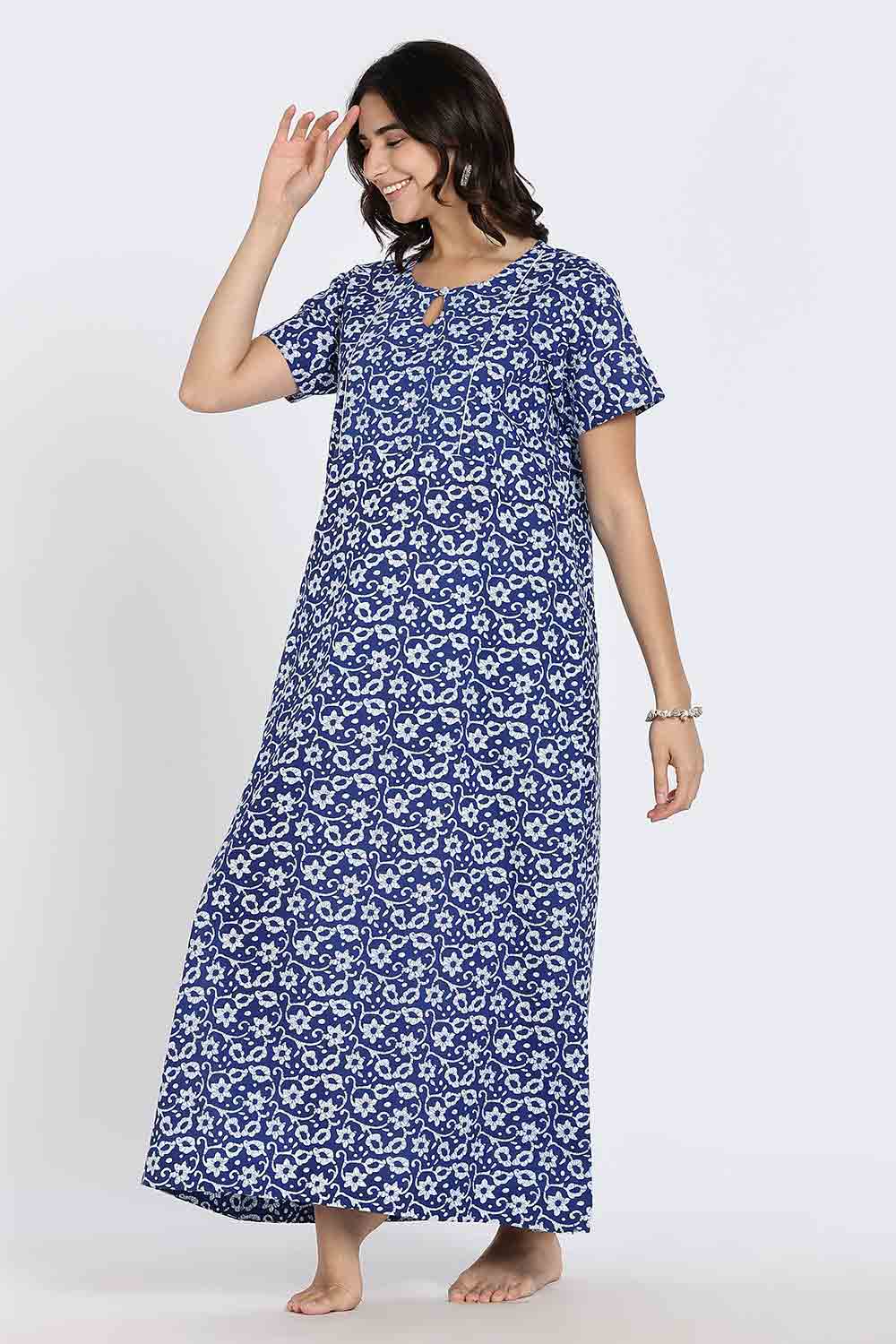Naidu Hall Naidu Hall Women's Cotton A-Line Nighty with Pocket – Floral Vine Print
 - Blue - NA40