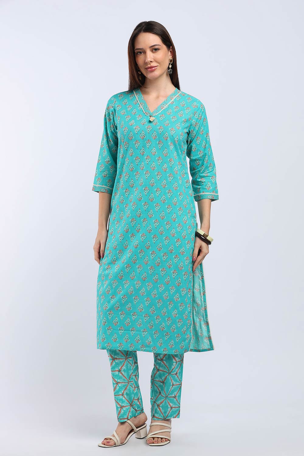 Mythri Women's Cotton Printed Kurti Set | V-Neck Kurta Pant Set with 3/4 Sleeves | Regular Fit Ethnic Wear | Festive, Office & Occasion Wear - KP802