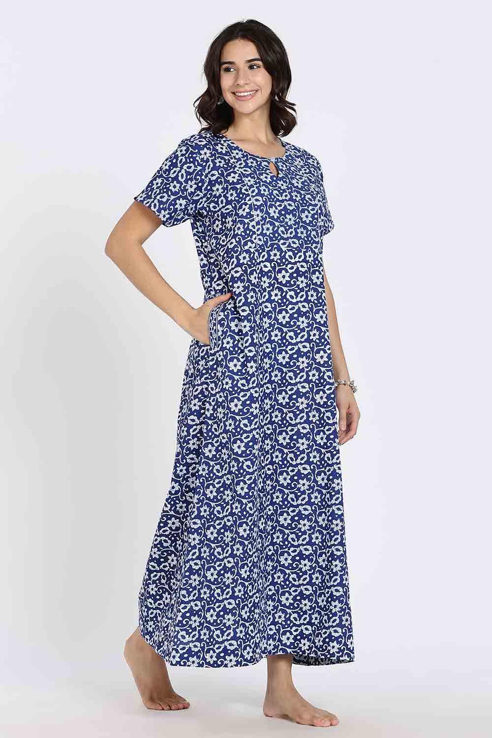 Naidu Hall Naidu Hall Women’s Cotton A-Line Nighty with Pocket – Floral Vine Print
 - Blue - NA40