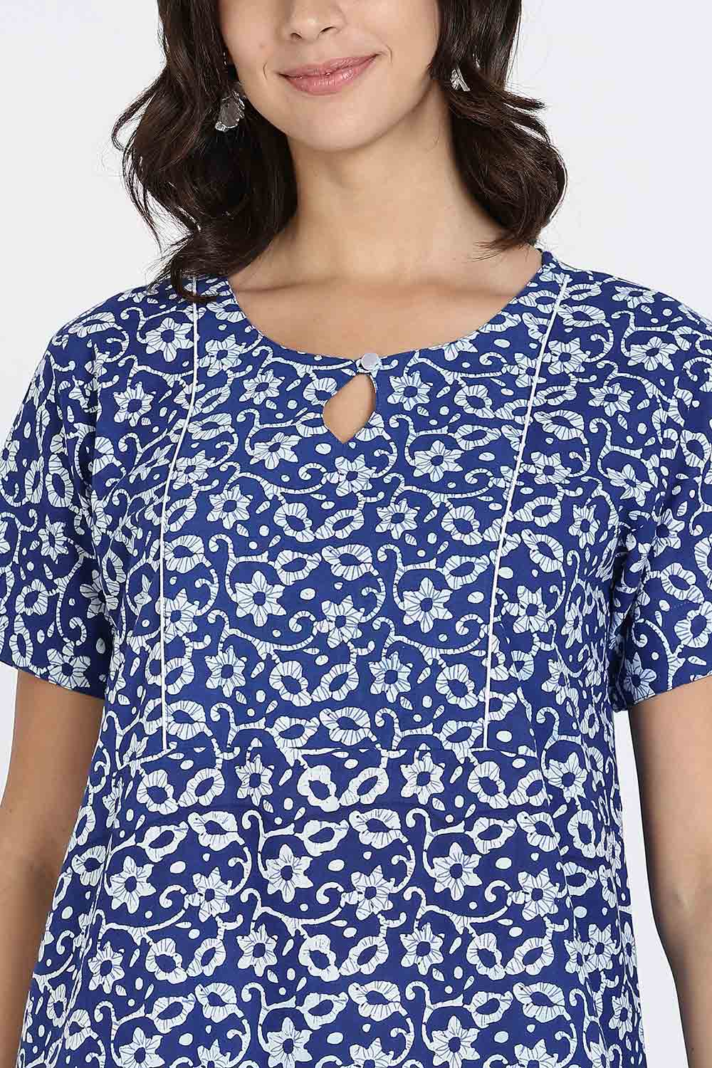 Naidu Hall Naidu Hall Women's Cotton A-Line Nighty with Pocket – Floral Vine Print
 - Blue - NA40