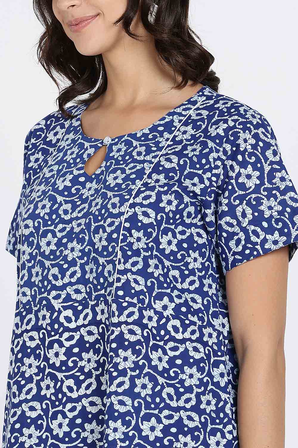 Naidu Hall Naidu Hall Women's Cotton A-Line Nighty with Pocket – Floral Vine Print
 - Blue - NA40