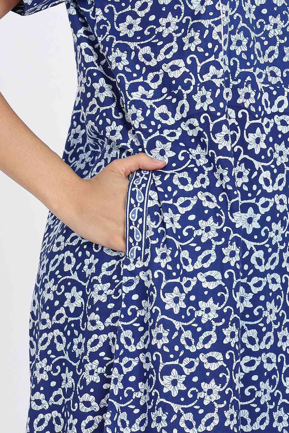 Naidu Hall Naidu Hall Women's Cotton A-Line Nighty with Pocket – Floral Vine Print
 - Blue - NA40