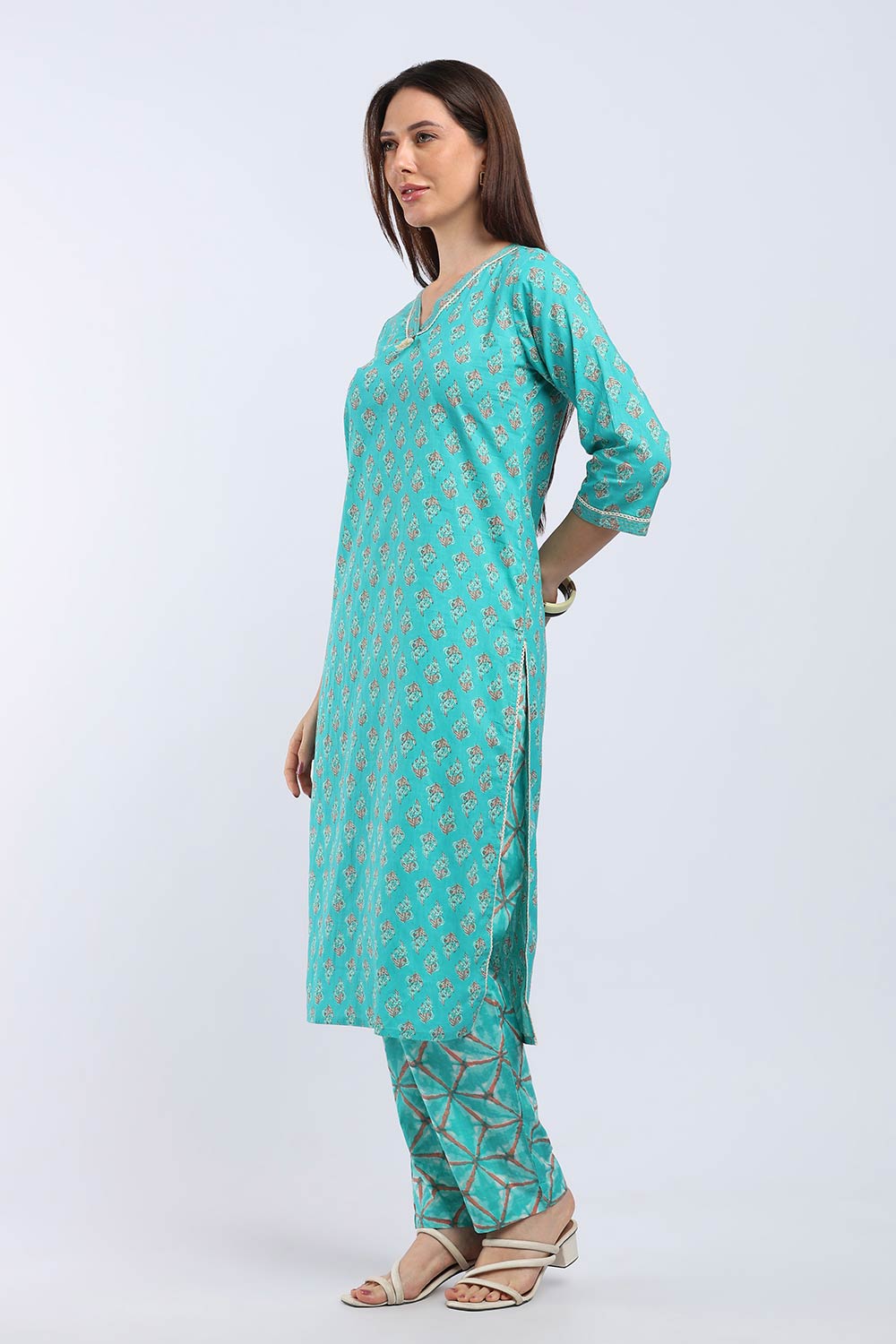 Mythri Women's Cotton Printed Kurti Set | V-Neck Kurta Pant Set with 3/4 Sleeves | Regular Fit Ethnic Wear | Festive, Office & Occasion Wear - KP802