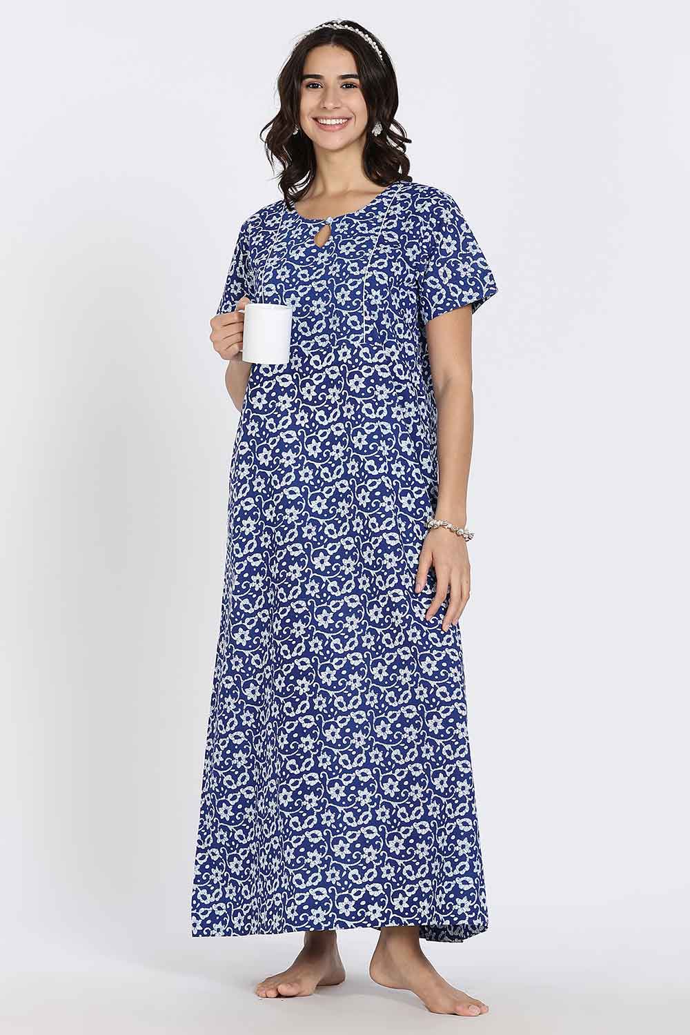 Naidu Hall Naidu Hall Women's Cotton A-Line Nighty with Pocket – Floral Vine Print
 - Blue - NA40