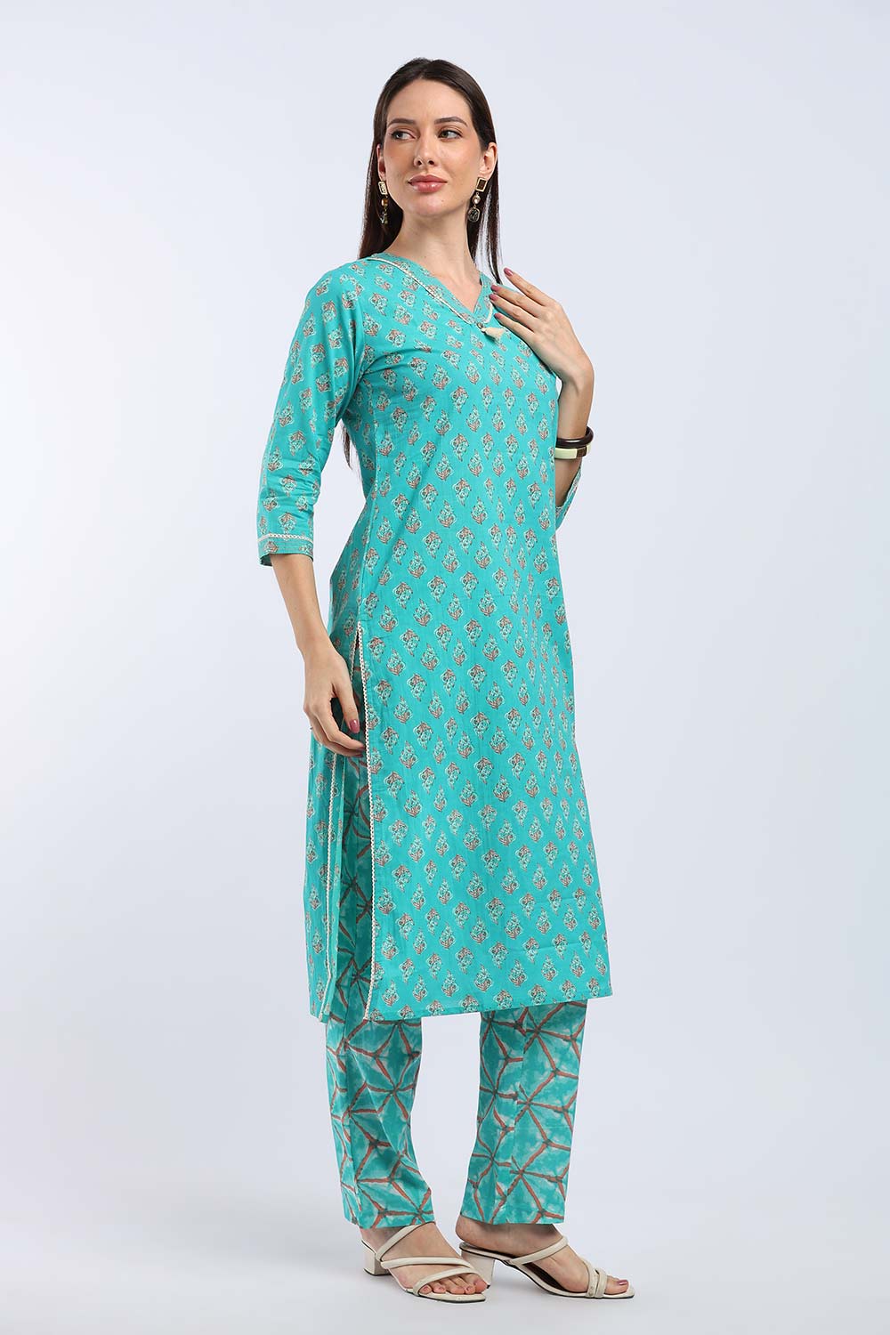 Mythri Women's Cotton Printed Kurti Set | V-Neck Kurta Pant Set with 3/4 Sleeves | Regular Fit Ethnic Wear | Festive, Office & Occasion Wear - KP802