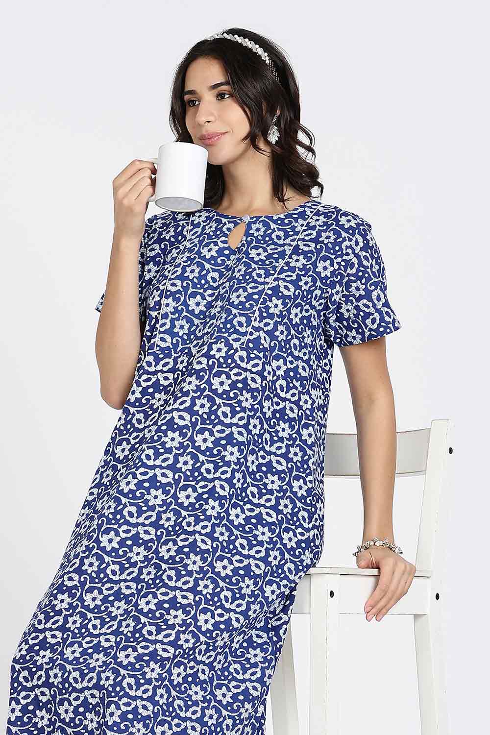 Naidu Hall Naidu Hall Women's Cotton A-Line Nighty with Pocket – Floral Vine Print
 - Blue - NA40