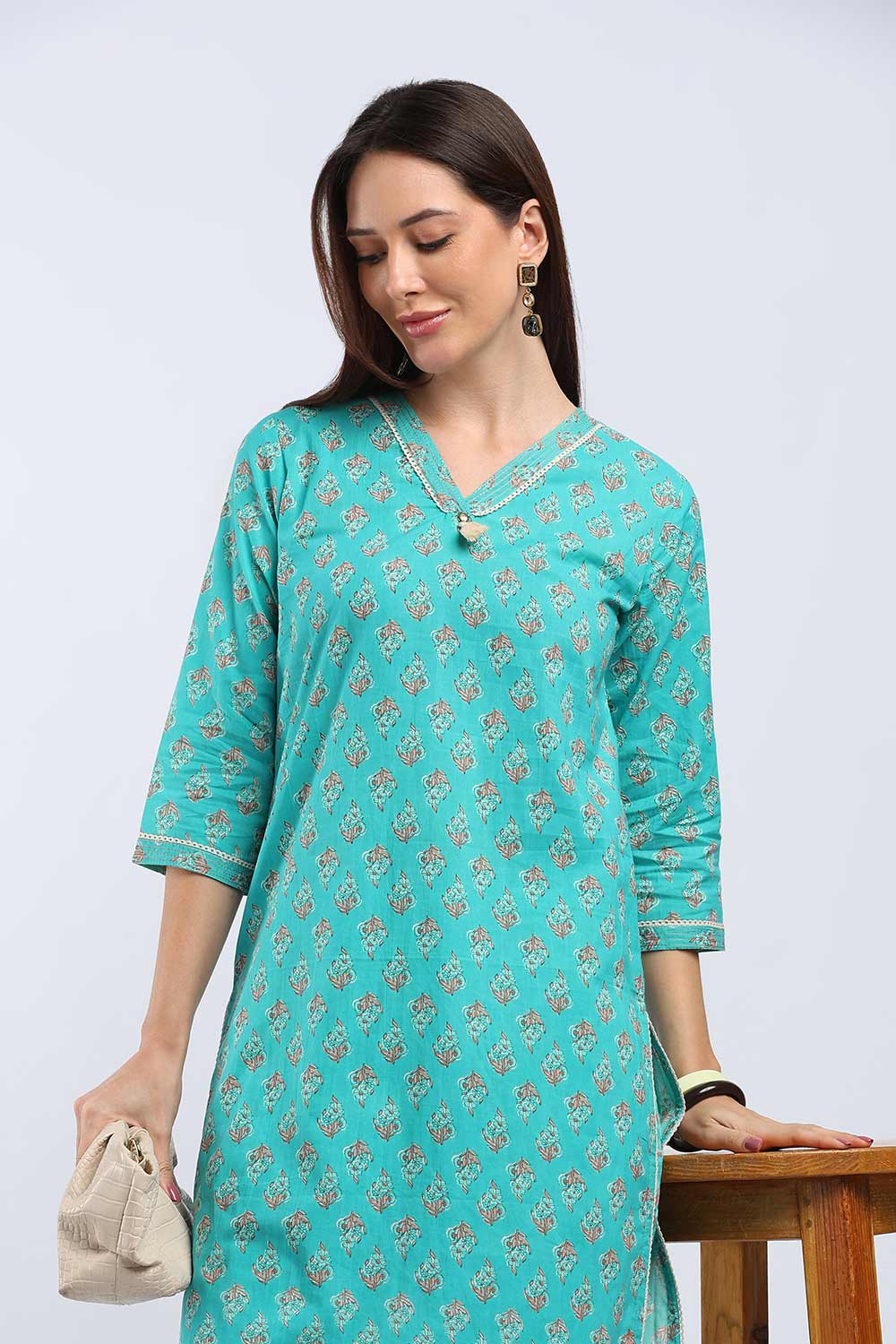 Mythri Women's Cotton Printed Kurti Set | V-Neck Kurta Pant Set with 3/4 Sleeves | Regular Fit Ethnic Wear | Festive, Office & Occasion Wear - KP802