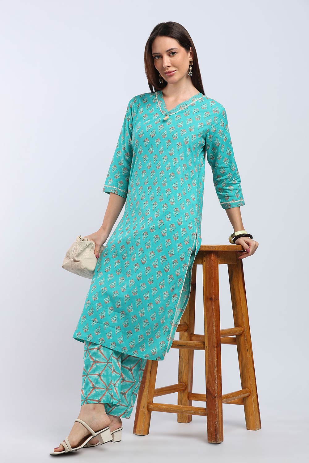 Mythri Women's Cotton Printed Kurti Set | V-Neck Kurta Pant Set with 3/4 Sleeves | Regular Fit Ethnic Wear | Festive, Office & Occasion Wear - KP802