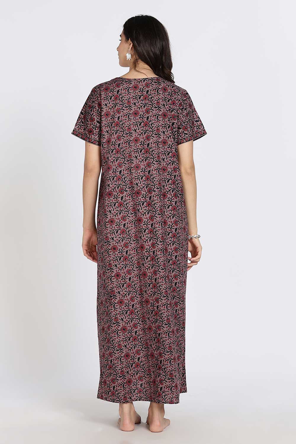 Naidu Hall Women's Full-Length Cotton Nighty – Border Patch Neckline, Sleeve Detailing & Side Pocket
 - Burgundy - NA39