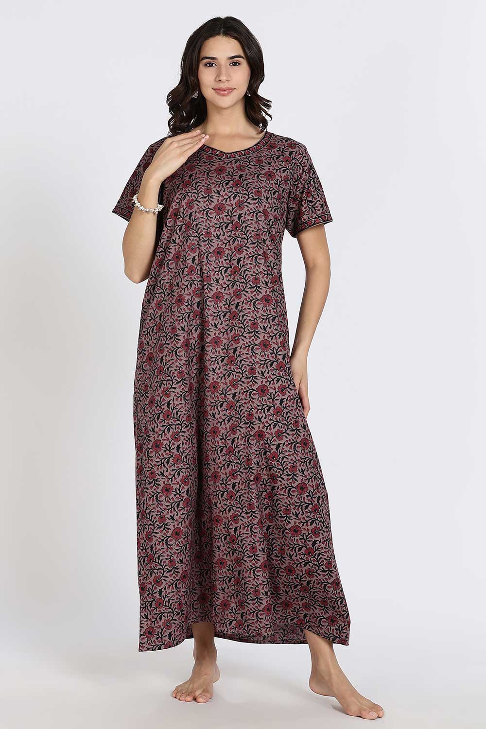 Naidu Hall Women’s Full-Length Cotton Nighty – Border Patch Neckline, Sleeve Detailing & Side Pocket
 - Burgundy - NA39