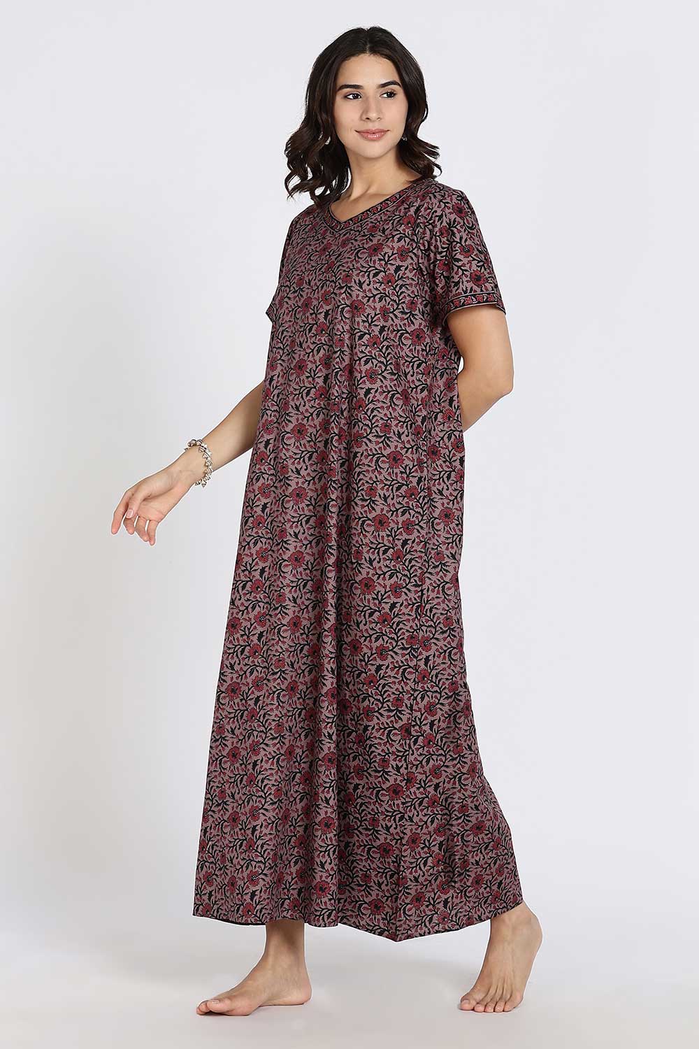 Naidu Hall Women's Full-Length Cotton Nighty – Border Patch Neckline, Sleeve Detailing & Side Pocket
 - Burgundy - NA39