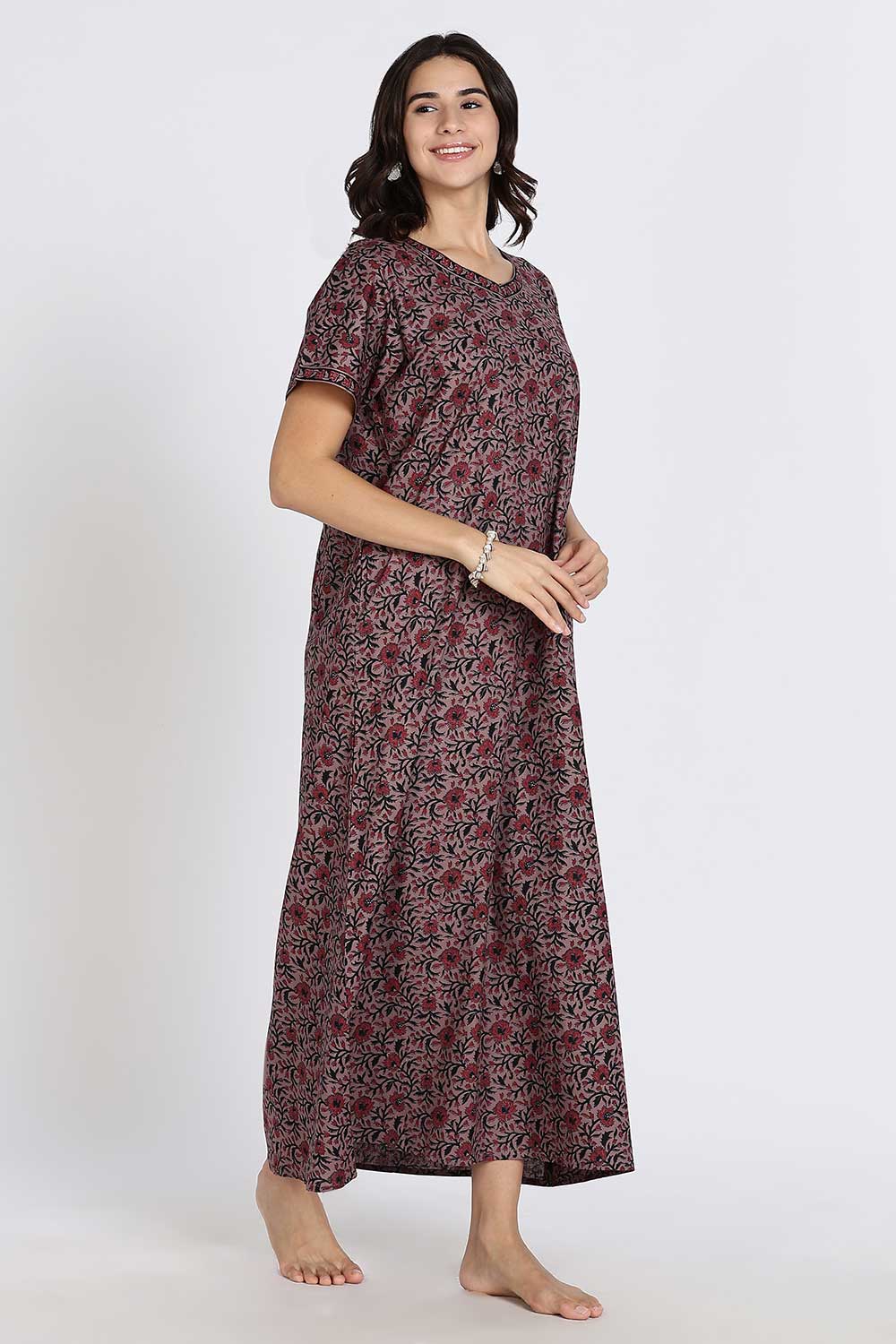 Naidu Hall Women’s Full-Length Cotton Nighty – Border Patch Neckline, Sleeve Detailing & Side Pocket
 - Burgundy - NA39