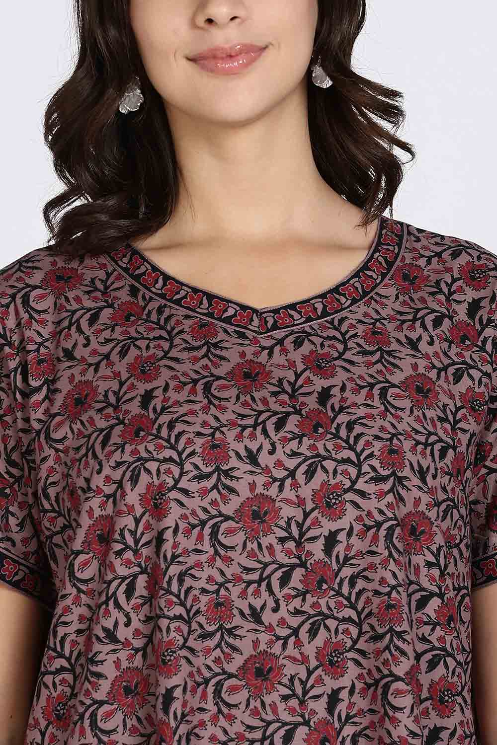 Naidu Hall Women's Full-Length Cotton Nighty – Border Patch Neckline, Sleeve Detailing & Side Pocket
 - Burgundy - NA39