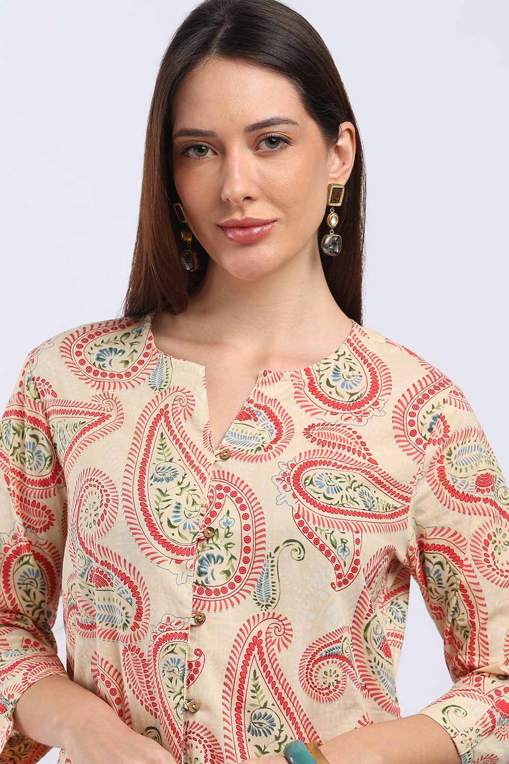 Mythri Women's Cotton Floral Printed Top | V-Neck 3/4 Sleeve Ethnic Top with Button Placket | Regular Fit Office & Everyday Wear - T104