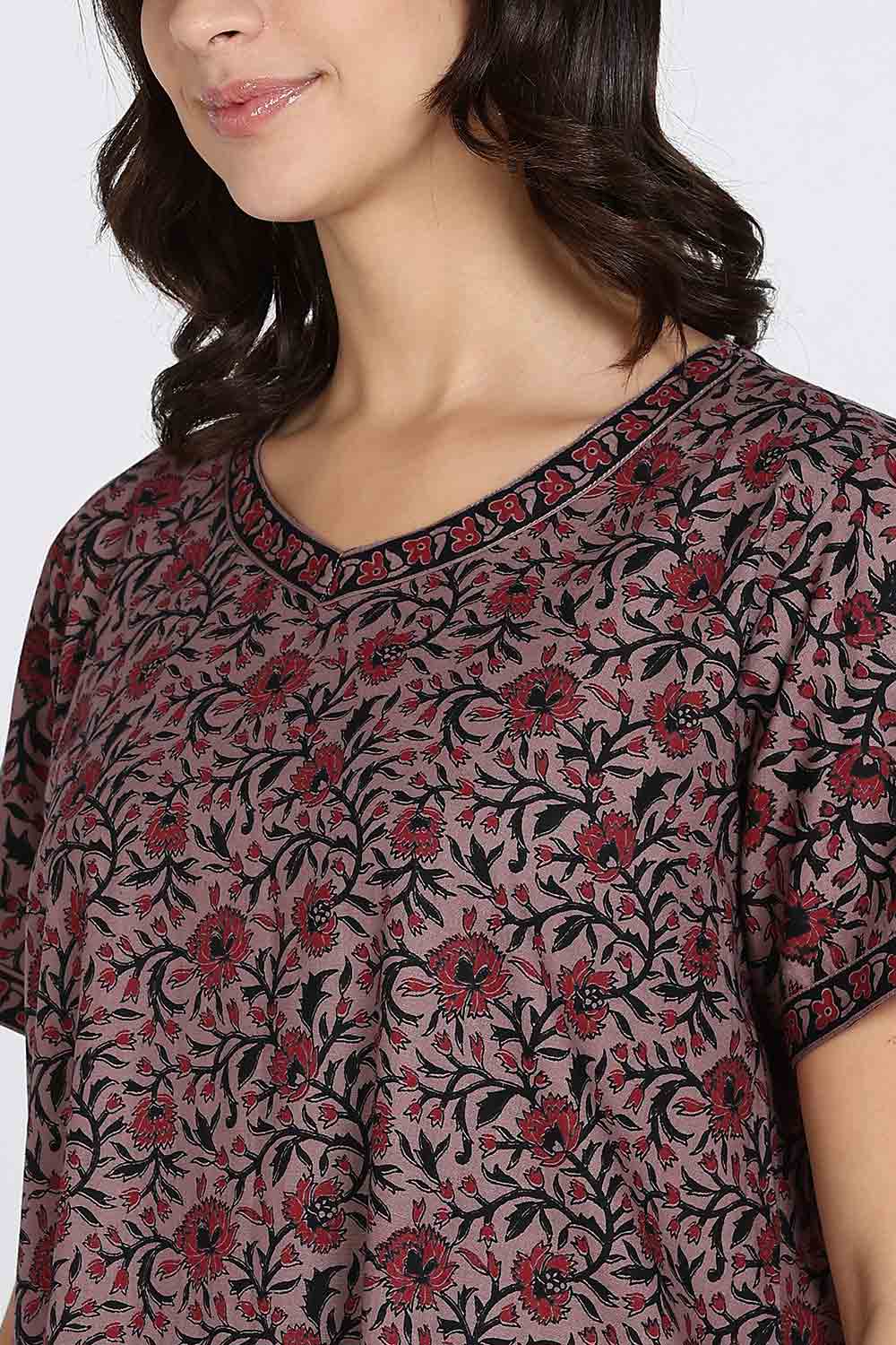Naidu Hall Women's Full-Length Cotton Nighty – Border Patch Neckline, Sleeve Detailing & Side Pocket
 - Burgundy - NA39