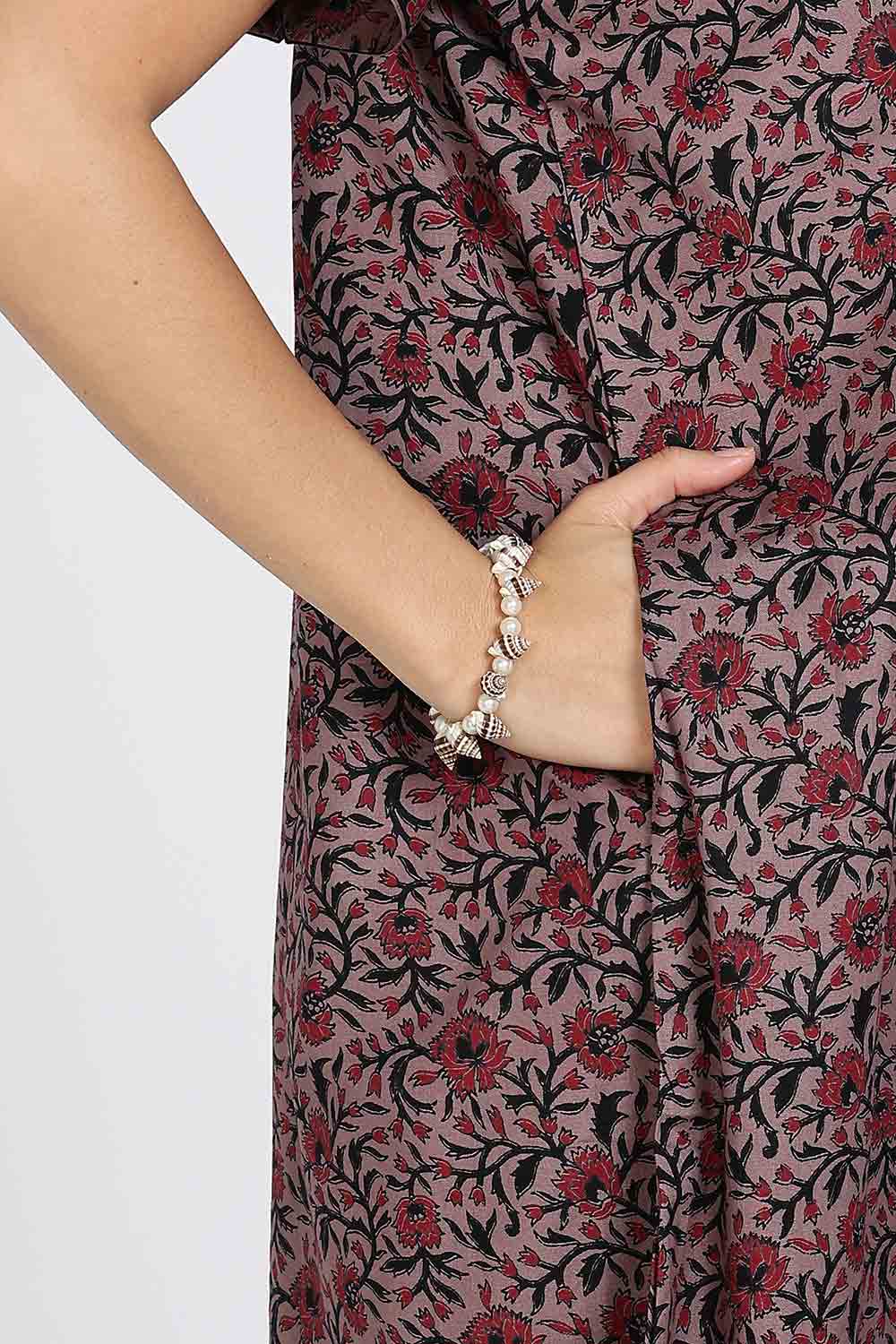 Naidu Hall Women's Full-Length Cotton Nighty – Border Patch Neckline, Sleeve Detailing & Side Pocket
 - Burgundy - NA39